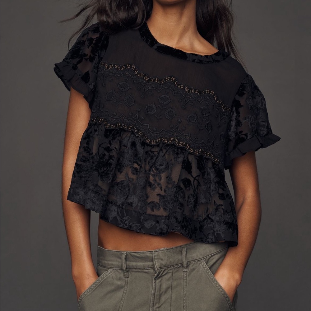 Anthropologie Black Sheer Lace Blouse Medium NWT